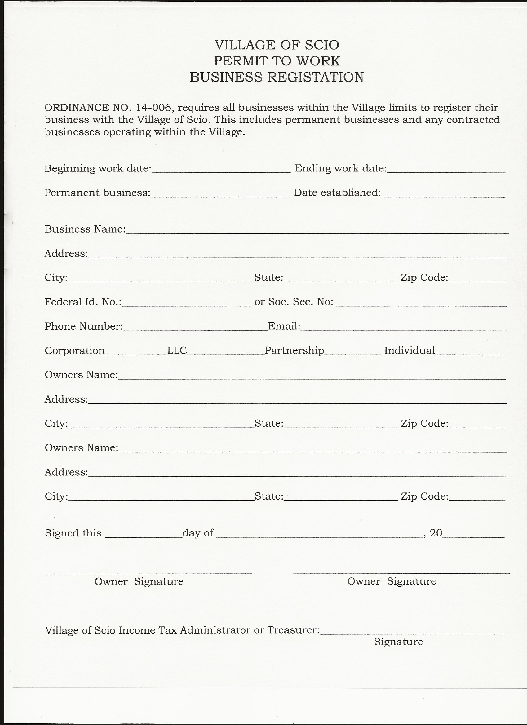 Application Process Village of Scio Ohio